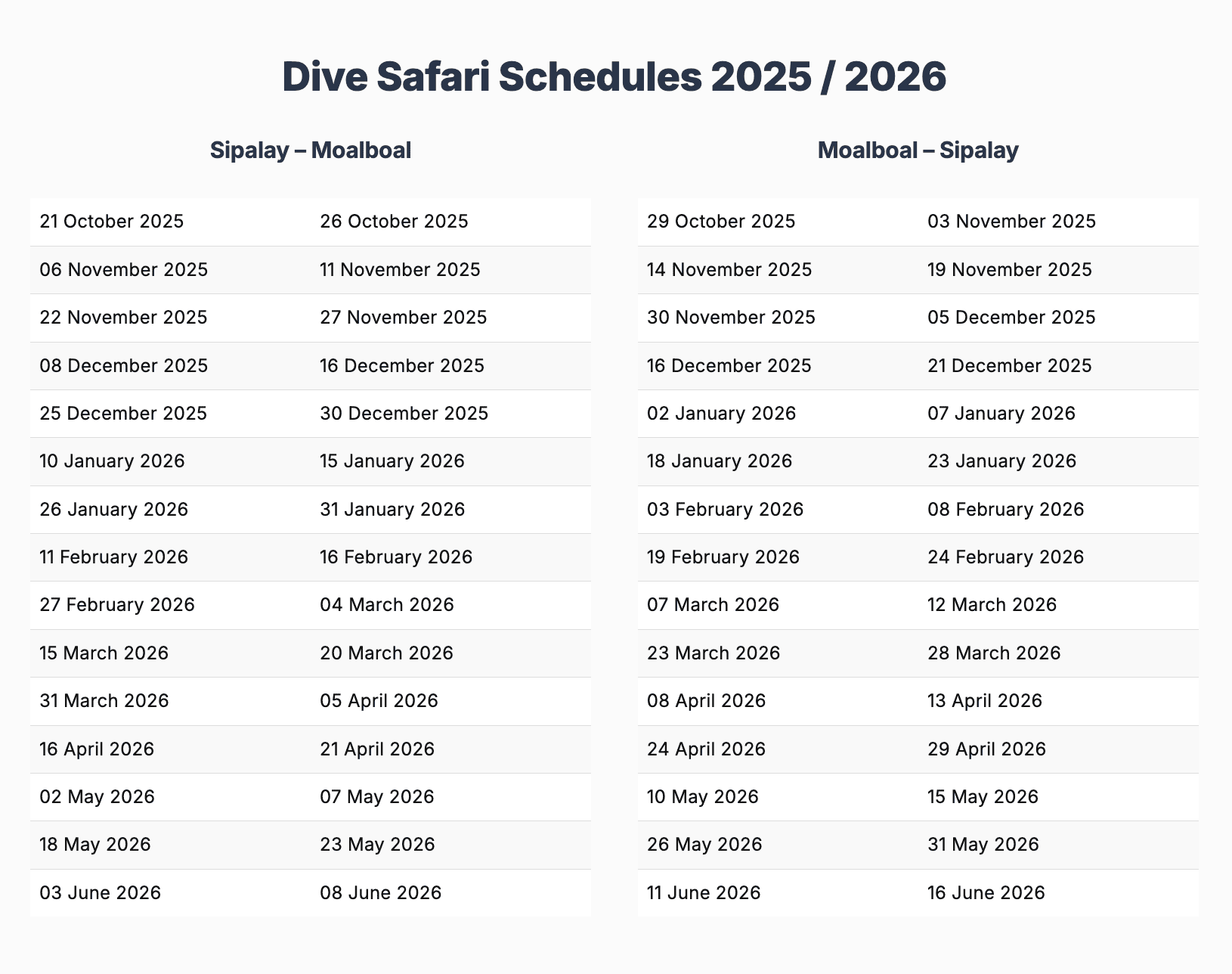 Safari Schedule 2025-26