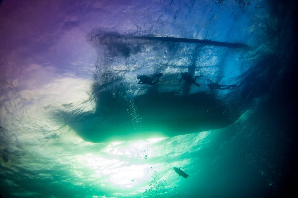 Advanced diver with technical equipment at Malapascua depth